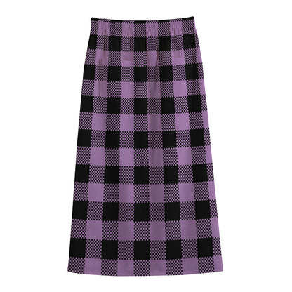 Purple Buffalo Plaid Print Cotton Front Slit Maxi Skirt