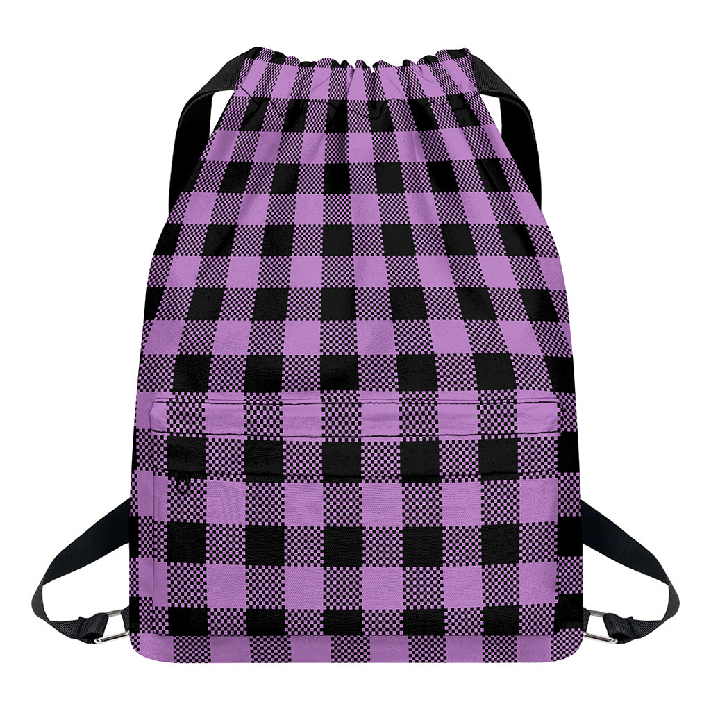 Purple Buffalo Plaid Print Drawstring Backpack