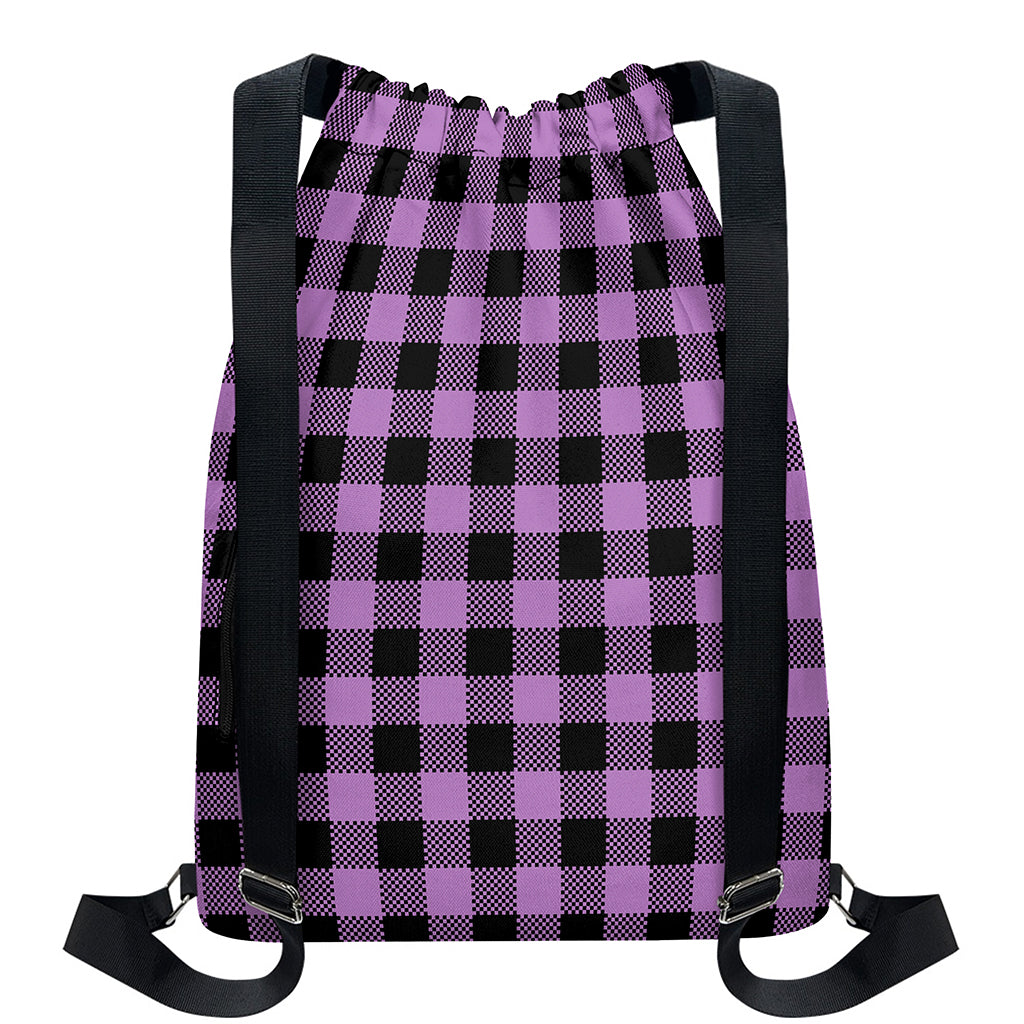 Purple Buffalo Plaid Print Drawstring Backpack