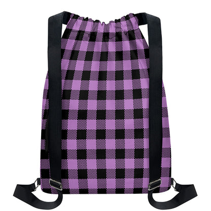 Purple Buffalo Plaid Print Drawstring Backpack