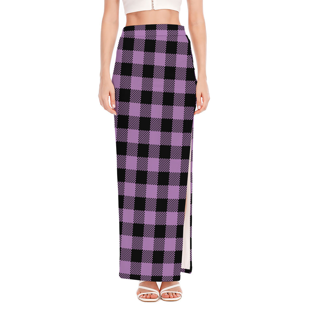 Purple Buffalo Plaid Print High Slit Maxi Skirt
