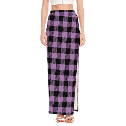 Purple Buffalo Plaid Print High Slit Maxi Skirt
