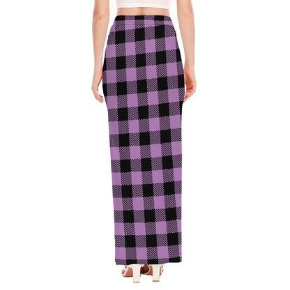 Purple Buffalo Plaid Print High Slit Maxi Skirt