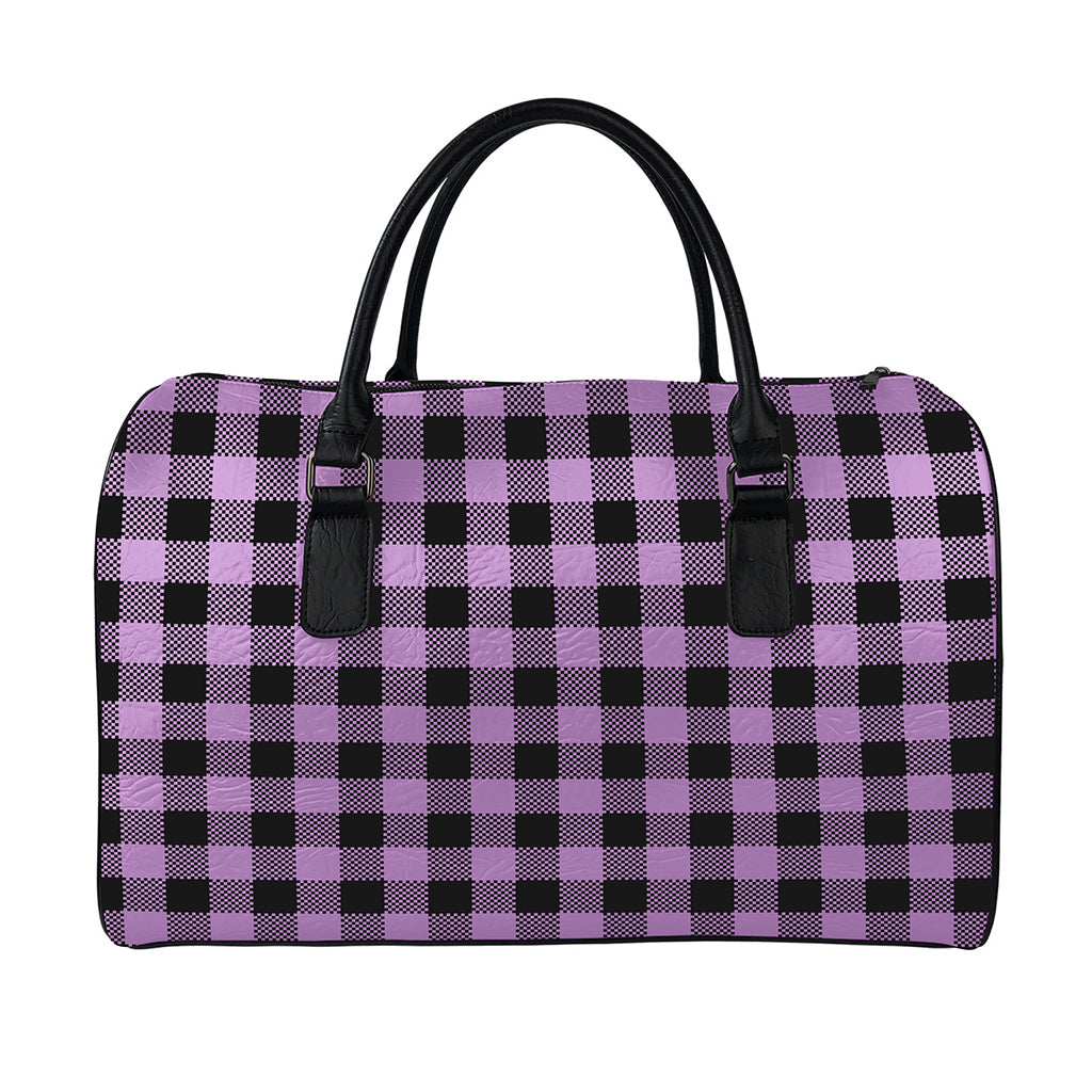Purple Buffalo Plaid Print Leather Duffle Bag
