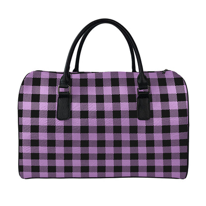Purple Buffalo Plaid Print Leather Duffle Bag
