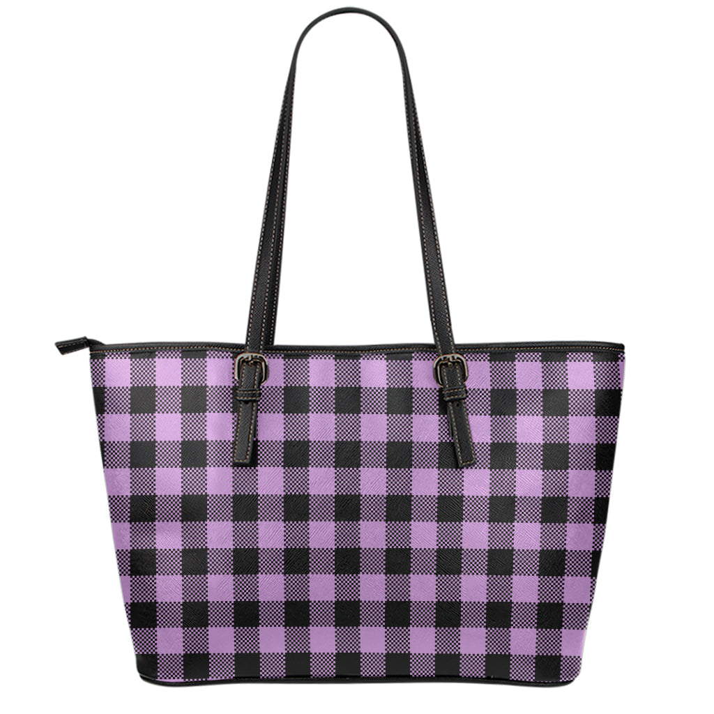 Purple Buffalo Plaid Print Leather Tote Bag