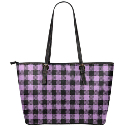 Purple Buffalo Plaid Print Leather Tote Bag