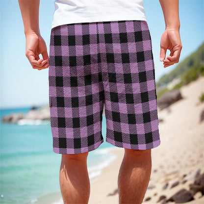 Purple Buffalo Plaid Print Men's Cargo Shorts