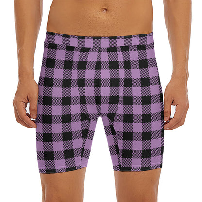 Purple Buffalo Plaid Print Men's Long Boxer Briefs