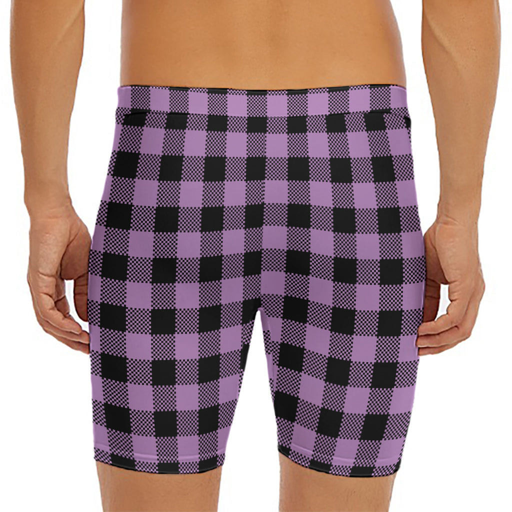 Purple Buffalo Plaid Print Men's Long Boxer Briefs