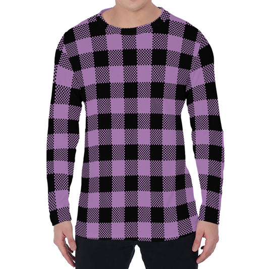 Purple Buffalo Plaid Print Men's Long Sleeve T-Shirt