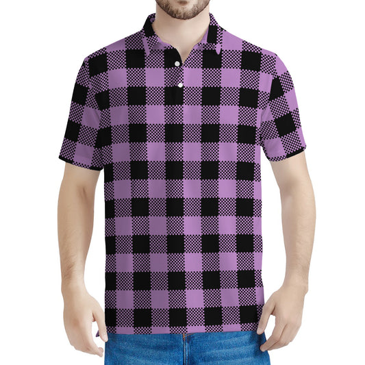 Purple Buffalo Plaid Print Men's Polo Shirt