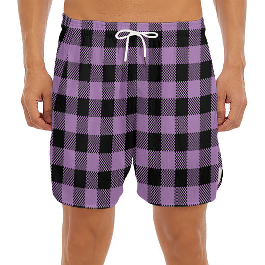 Purple Buffalo Plaid Print Men's Split Running Shorts
