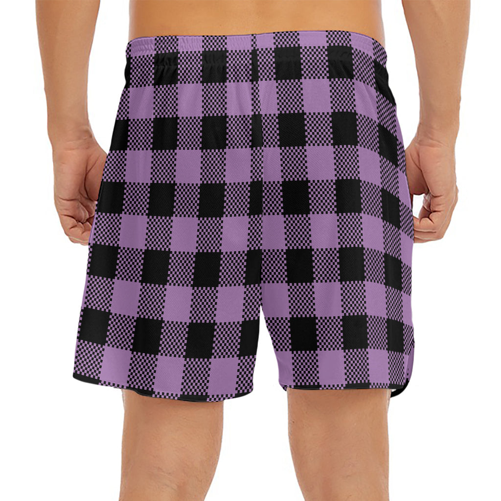 Purple Buffalo Plaid Print Men's Split Running Shorts