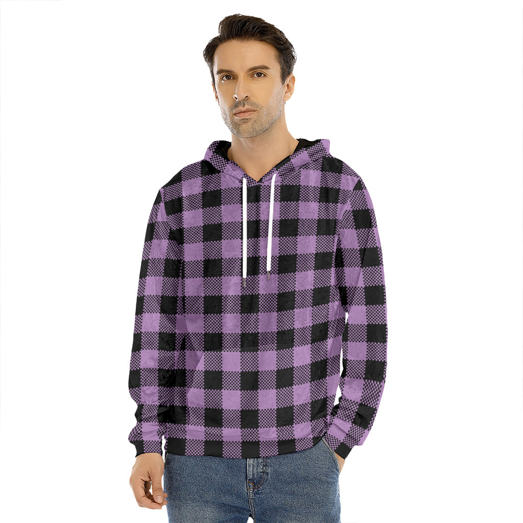 Purple Buffalo Plaid Print Men's Velvet Pullover Hoodie