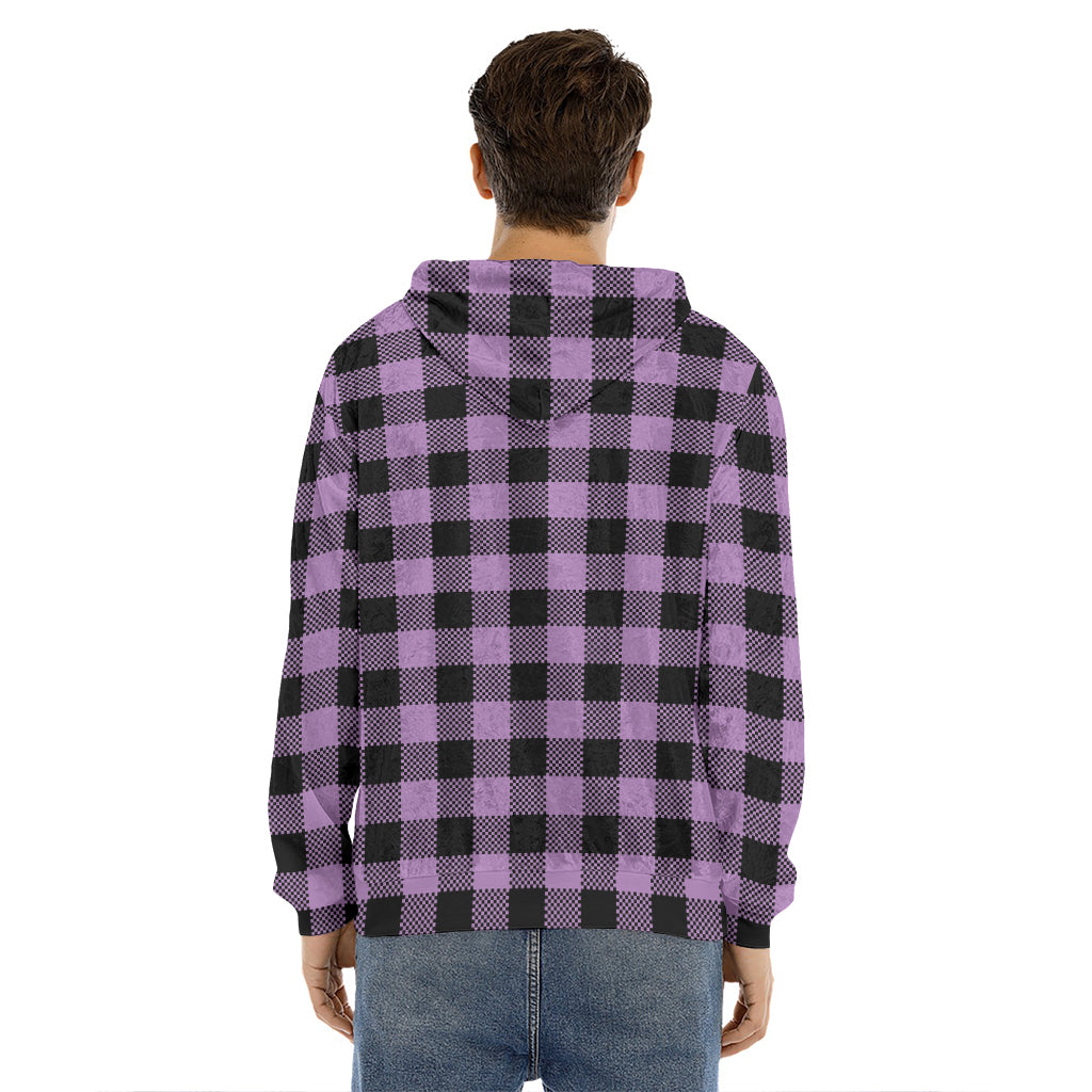 Purple Buffalo Plaid Print Men's Velvet Pullover Hoodie