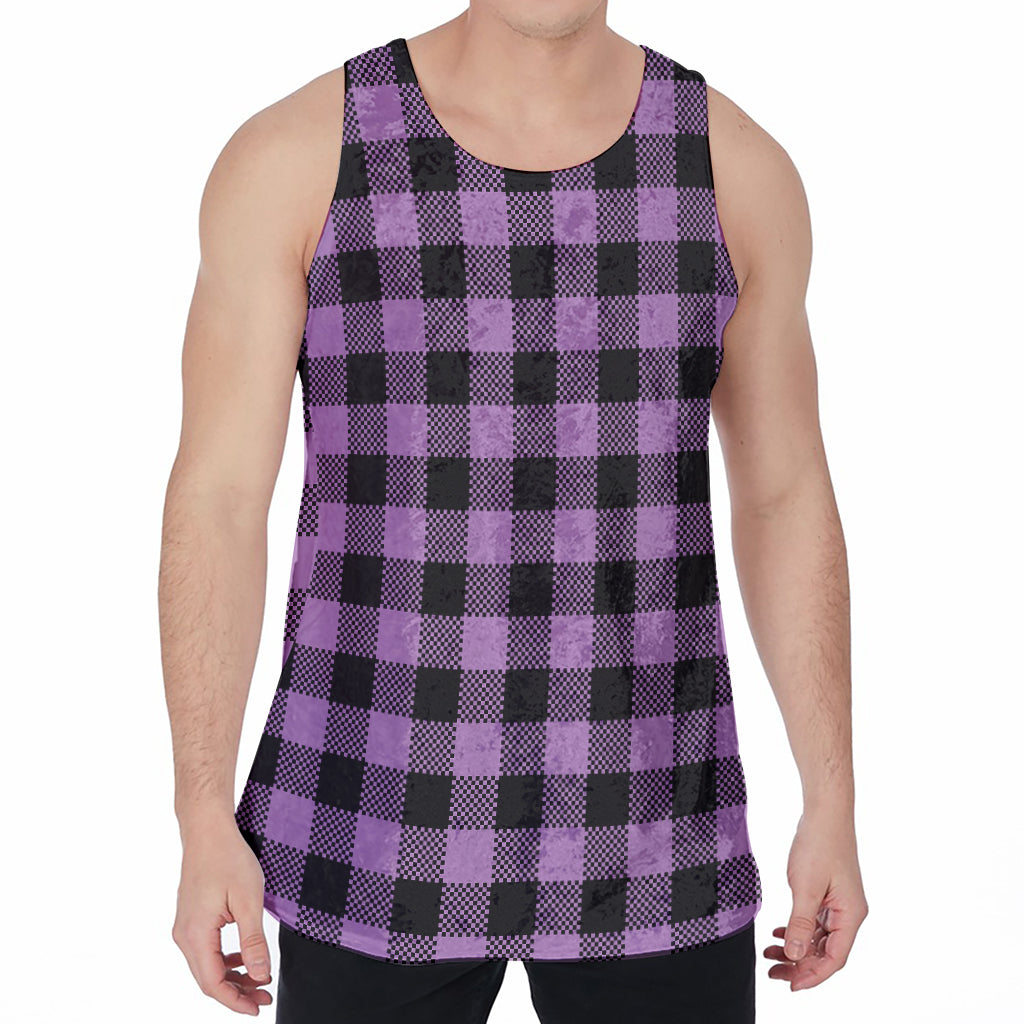 Purple Buffalo Plaid Print Men's Velvet Tank Top