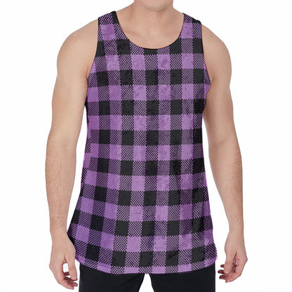 Purple Buffalo Plaid Print Men's Velvet Tank Top