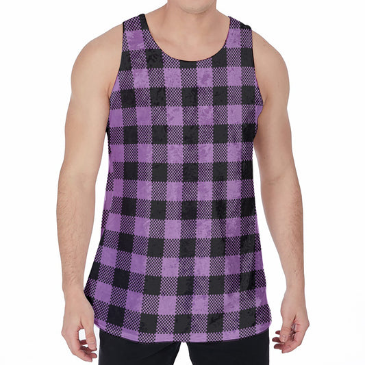 Purple Buffalo Plaid Print Men's Velvet Tank Top