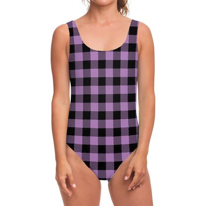 Purple Buffalo Plaid Print One Piece Swimsuit