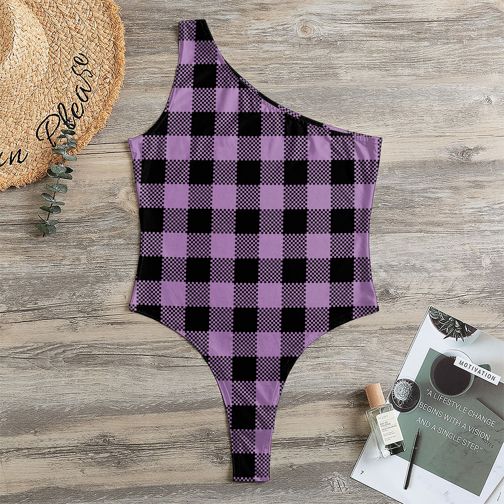 Purple Buffalo Plaid Print One Shoulder Bodysuit