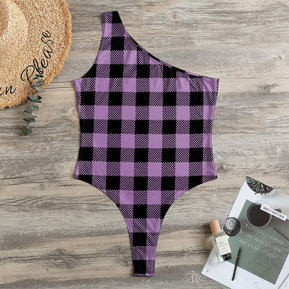 Purple Buffalo Plaid Print One Shoulder Bodysuit