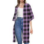 Purple Buffalo Plaid Print Open Front Beach Cover Up