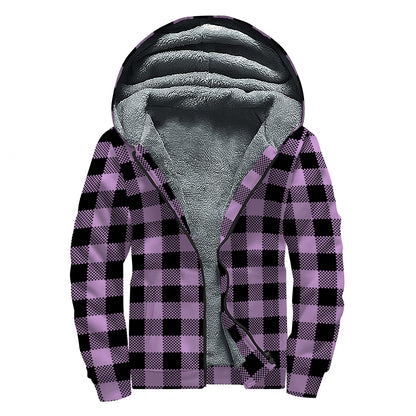 Purple Buffalo Plaid Print Sherpa Lined Zip Up Hoodie