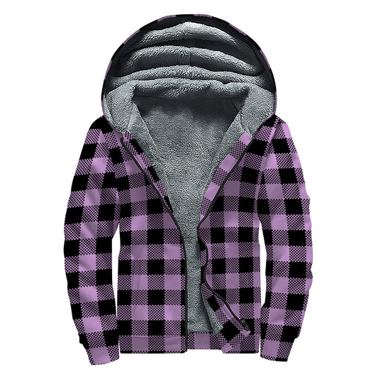 Purple Buffalo Plaid Print Sherpa Lined Zip Up Hoodie