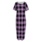 Purple Buffalo Plaid Print Short Sleeve Long Nightdress