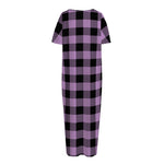 Purple Buffalo Plaid Print Short Sleeve Long Nightdress