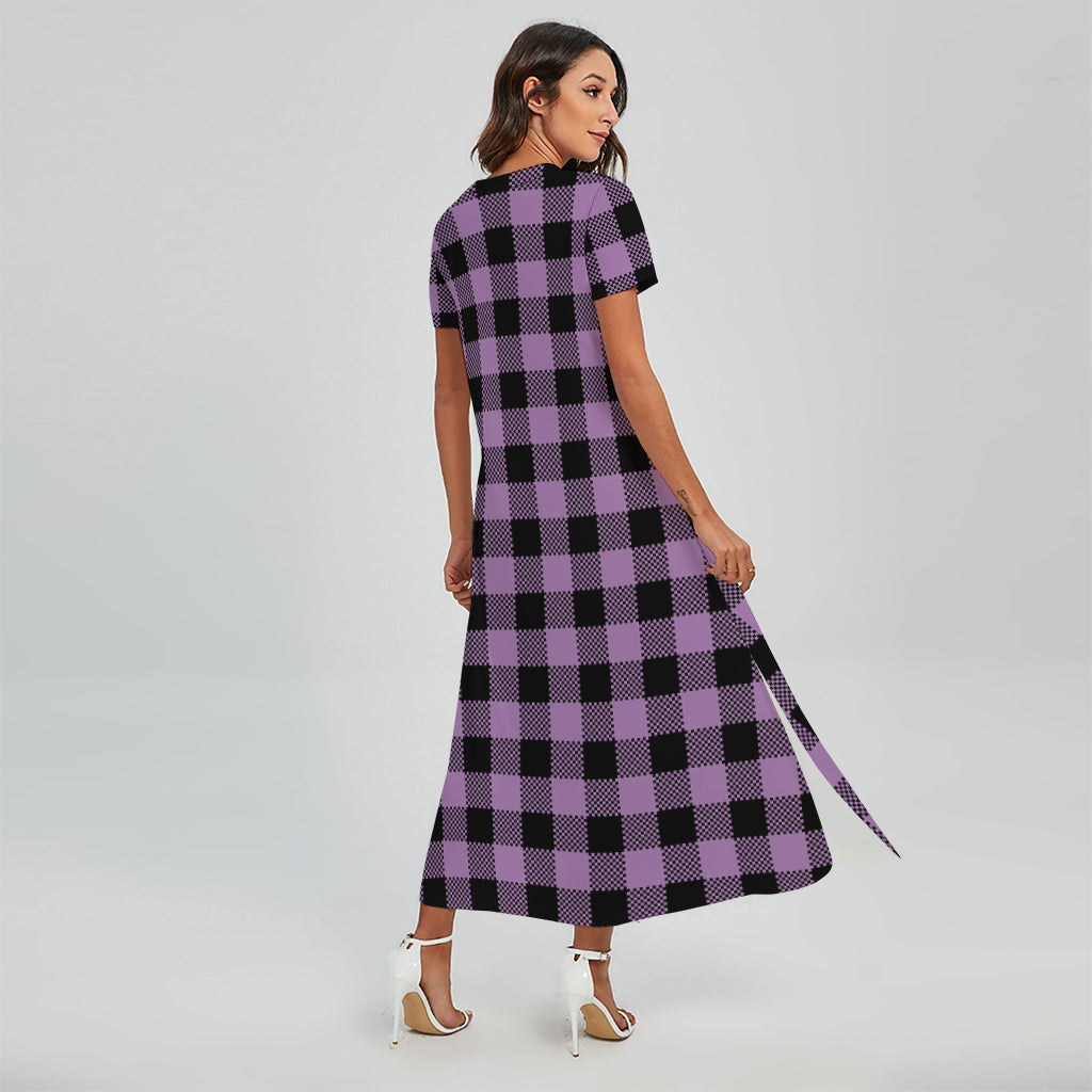 Purple Buffalo Plaid Print Short Sleeve Maxi Dress