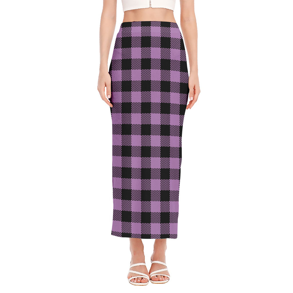 Purple Buffalo Plaid Print Side Slit Maxi Skirt