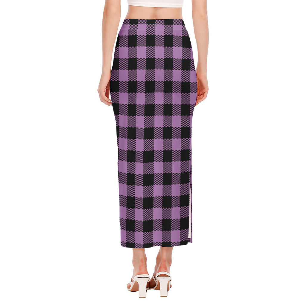 Purple Buffalo Plaid Print Side Slit Maxi Skirt