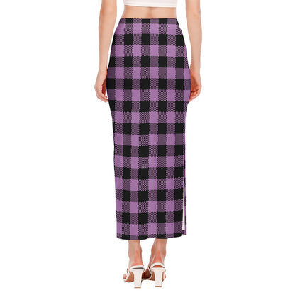 Purple Buffalo Plaid Print Side Slit Maxi Skirt