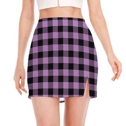 Purple Buffalo Plaid Print Side Slit Mini Skirt