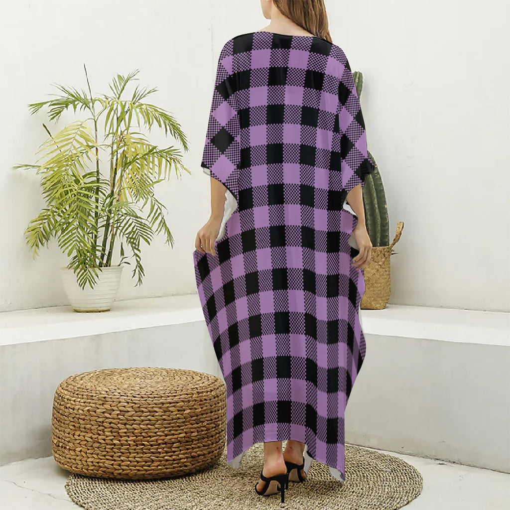 Purple Buffalo Plaid Print Silk V-Neck Kaftan Dress
