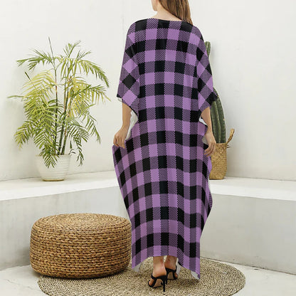 Purple Buffalo Plaid Print Silk V-Neck Kaftan Dress