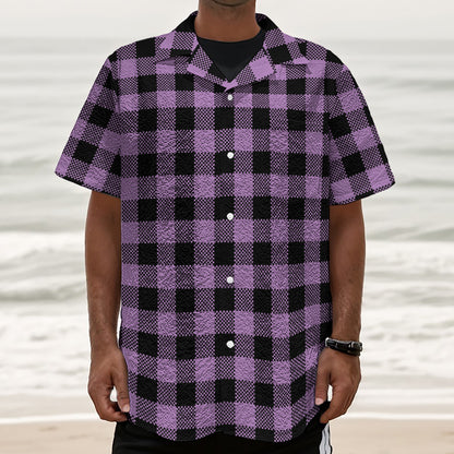 Purple Buffalo Plaid Print Textured Short Sleeve Shirt