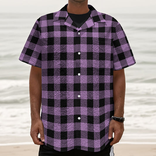 Purple Buffalo Plaid Print Textured Short Sleeve Shirt