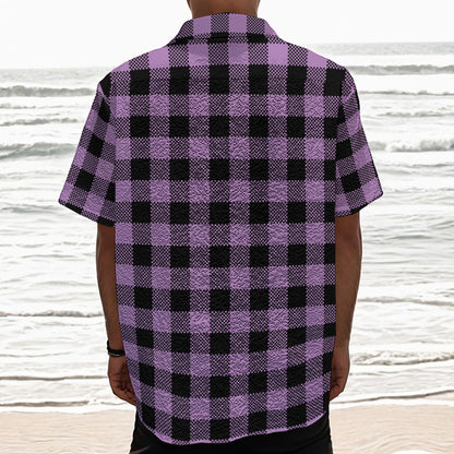 Purple Buffalo Plaid Print Textured Short Sleeve Shirt
