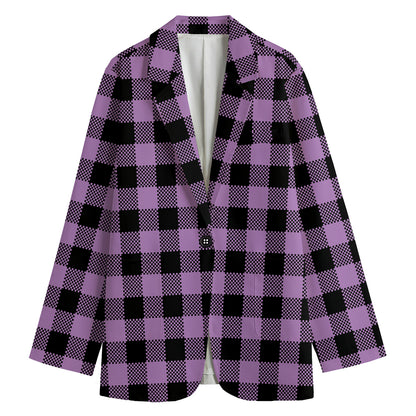Purple Buffalo Plaid Print Women's Cotton Blazer
