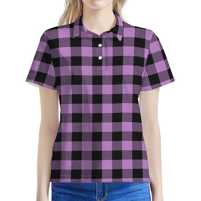 Purple Buffalo Plaid Print Women's Polo Shirt