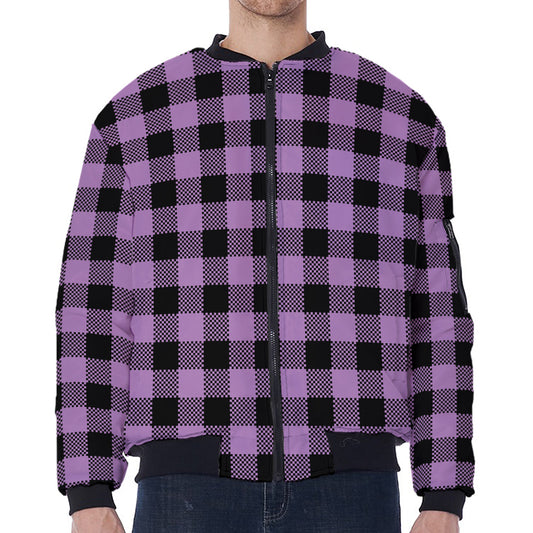Purple Buffalo Plaid Print Zip Sleeve Bomber Jacket