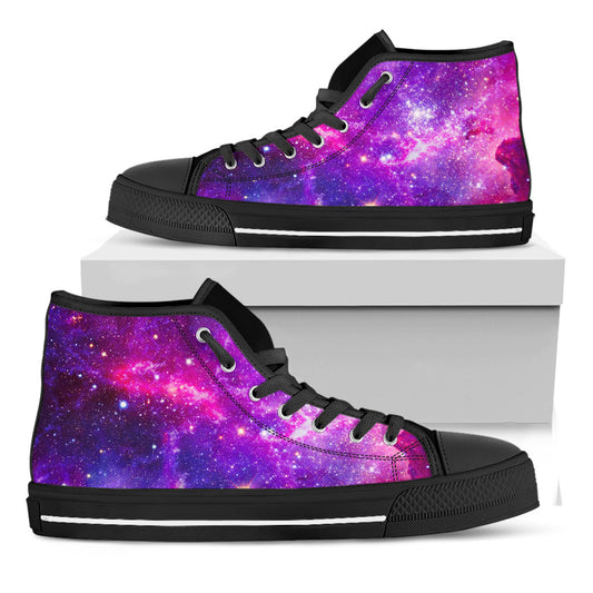 Purple Bursting Galaxy Space Print Black High Top Sneakers