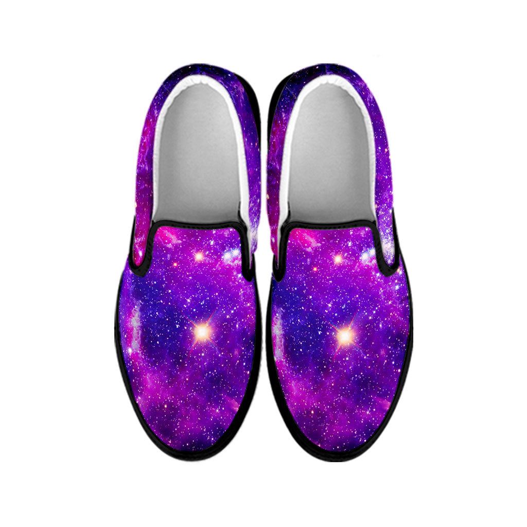 Purple Bursting Galaxy Space Print Black Slip On Sneakers