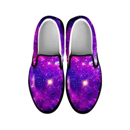 Purple Bursting Galaxy Space Print Black Slip On Sneakers