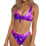 Purple Bursting Galaxy Space Print Front Bow Tie Bikini