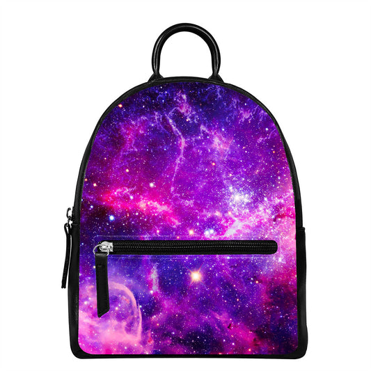 Purple Bursting Galaxy Space Print Leather Backpack