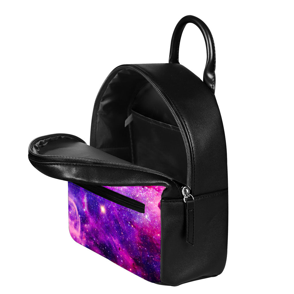 Purple Bursting Galaxy Space Print Leather Backpack